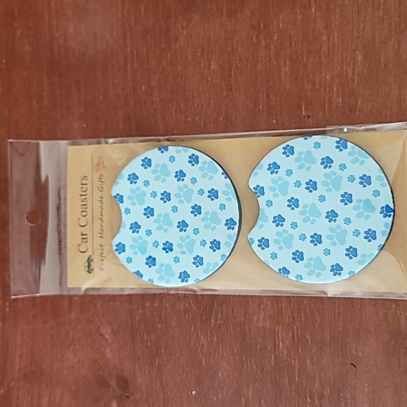 Dog Paw Blue Handmade Reuseable Neoprene Set of 2 Cup Holder Car Coasters - Picture 4 of 4